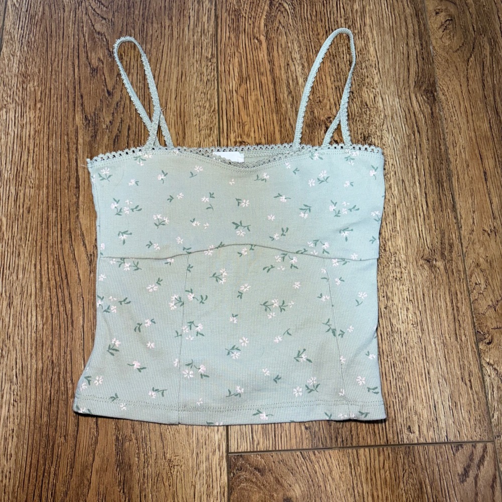 Cotton On Sage Green Floral Lace Trim Cami Top Size Small Cropped Tank cottage